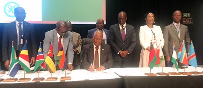 The Minister of Energy, of the Republic of South Africa, Honourable Mr. Jeff Radebea signing a statement of intent on cooperation in the development of regional gas market and infrastructure on 26th Jume